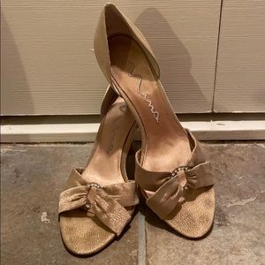 Nina Metallic Gold Heels w/ rhinestone detail